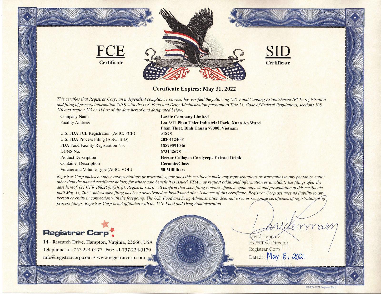Hector Collagen đạt tiêu chuẩn FDA Hoa Kỳ